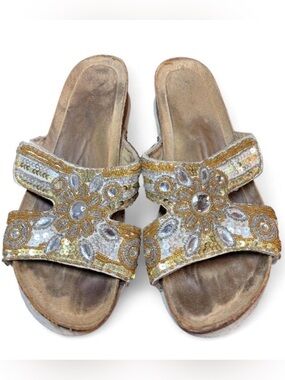 White Mountain Y2K Embellished Beaded Gold Silver Slide Sandals Boho Festival 7